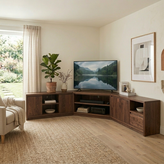 Modular Solid Wood Corner TV Stand with Storage Cabinets and Open Media Shelves