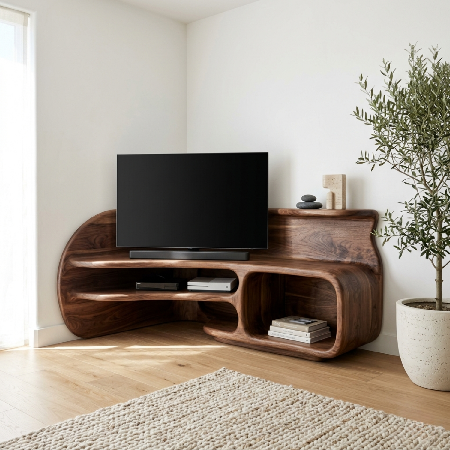 Sculptural Solid Wood Corner TV Stand with Organic Curves and Open Storage