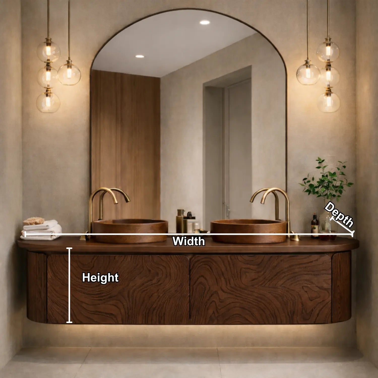 Floating Bathroom Vanity with Carved Wood Front and Rounded Edge Cabinet Design Kitchnce