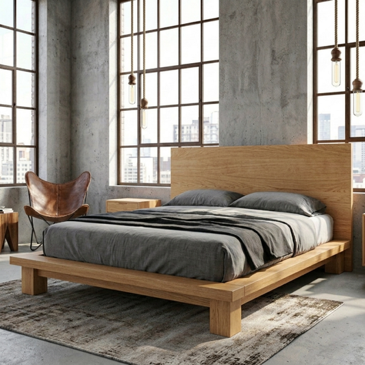 Modern Solid Wood Platform Bed Frame with Wide Panel Headboard and Block Legs