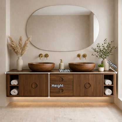 Floating Bathroom Vanity with Circle Handle Cabinets Center Drawers and Open Shelf Storage Kitchnce