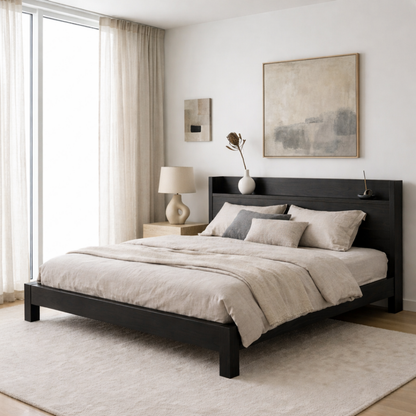 Scandinavian Style Solid Wood Platform Bed Frame with Minimalist Headboard Shelf