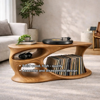 Solid Wood Record Player Stand with Organic Curved Base and Vinyl Record Storage Kitchnce