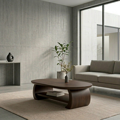 Solid Wood Oval Coffee Table with Shelf – Modern Minimalist Living Room Table Kitchnce