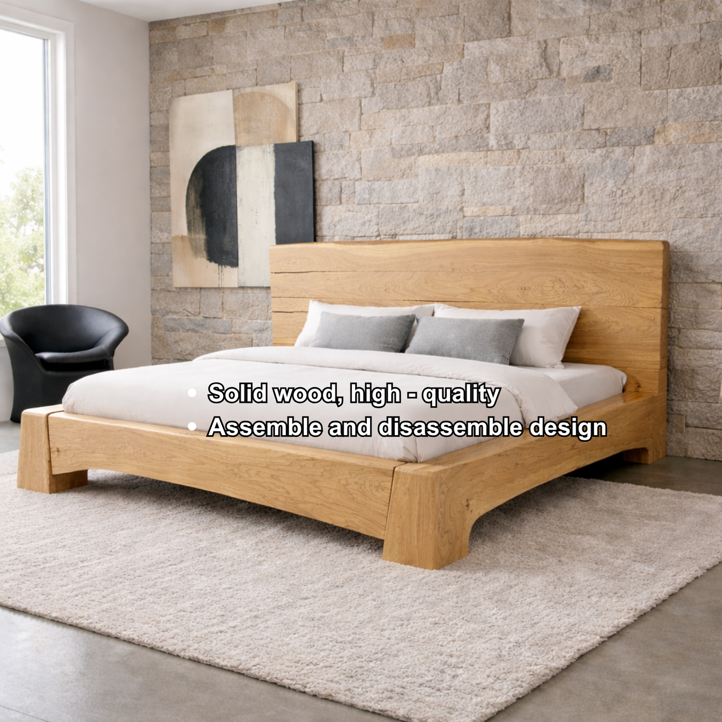 Solid Wood Platform Bed Frame with Wide Panel Headboard and Sculpted Base