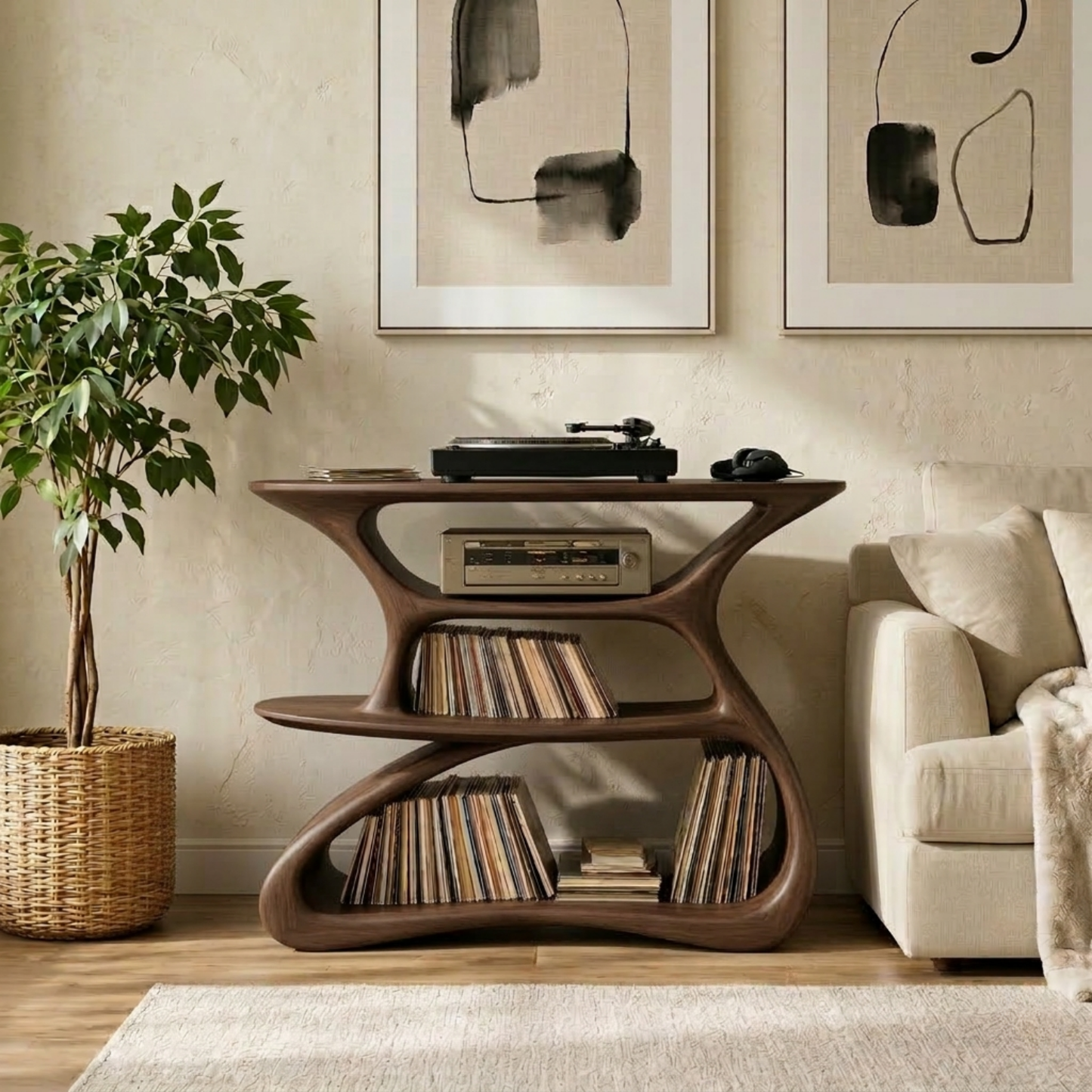 Solid Wood Record Player Stand with Vinyl Storage Shelves Kitchnce