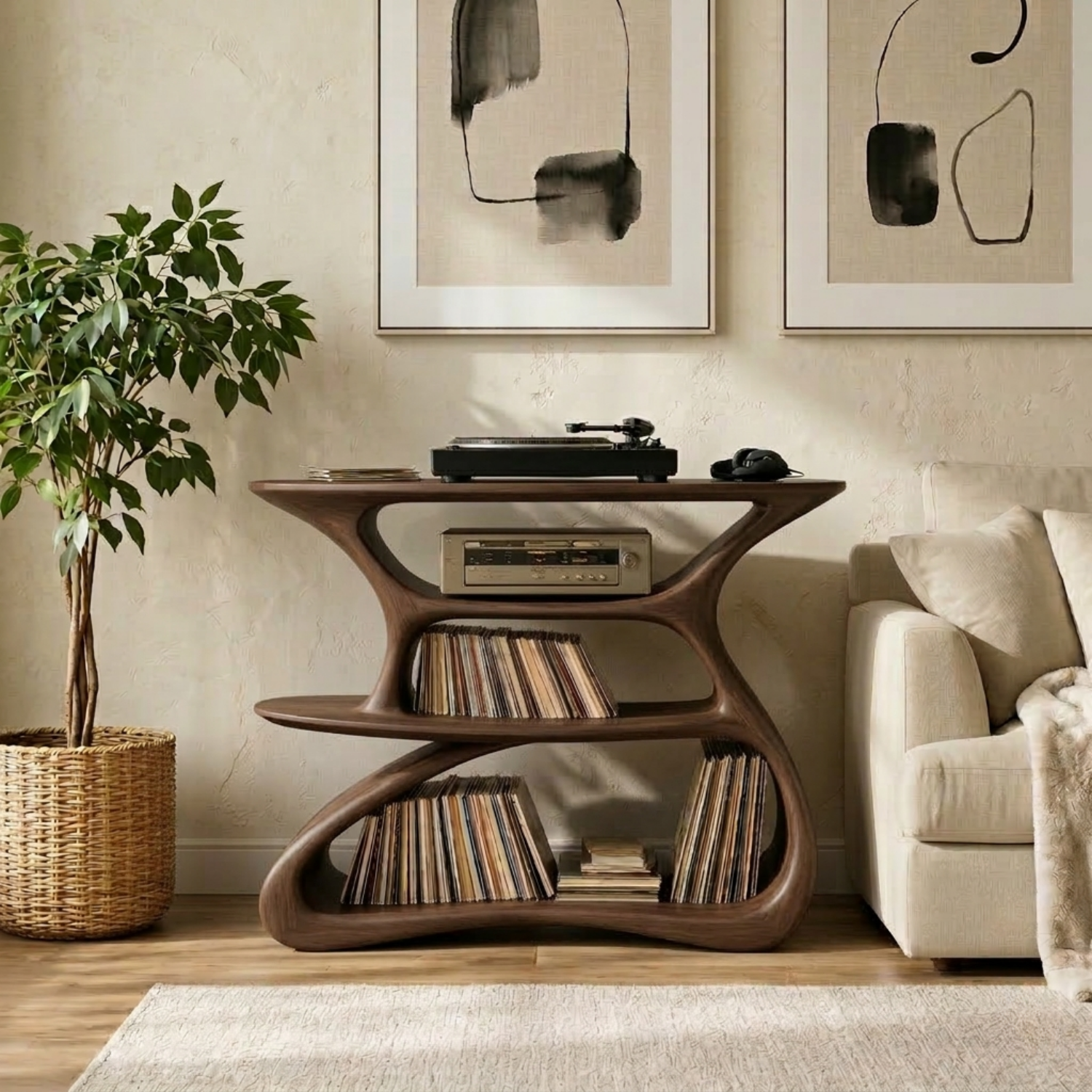 Solid Wood Record Player Stand with Vinyl Storage Shelves Kitchnce