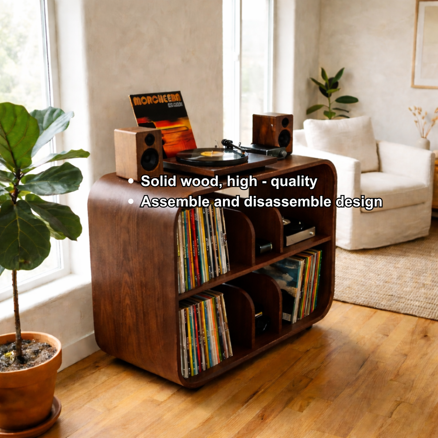 Curved Solid Wood Record Player Stand with Vertical Vinyl Storage Cabinet Kitchnce