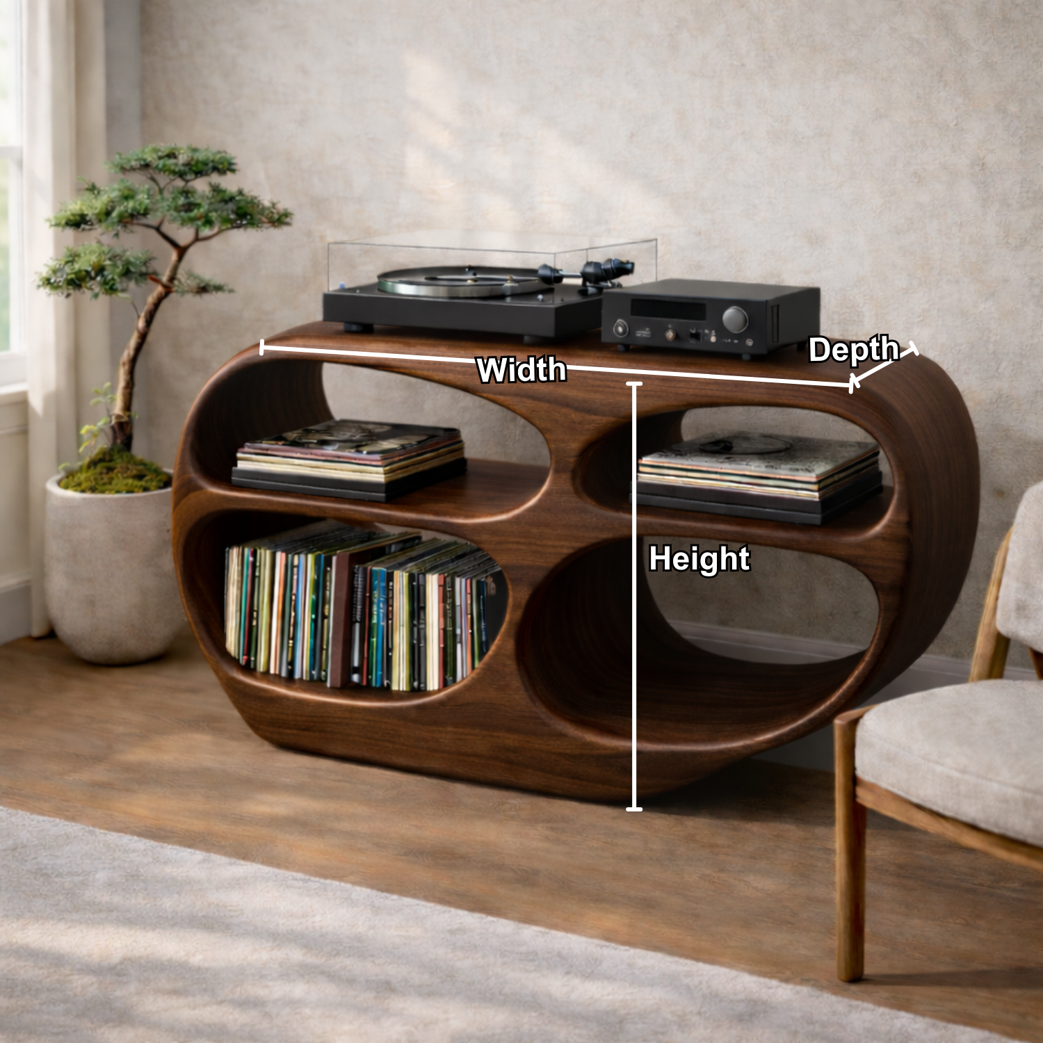 Organic Oval Solid Wood Record Player Stand with Open Vinyl Storage Kitchnce