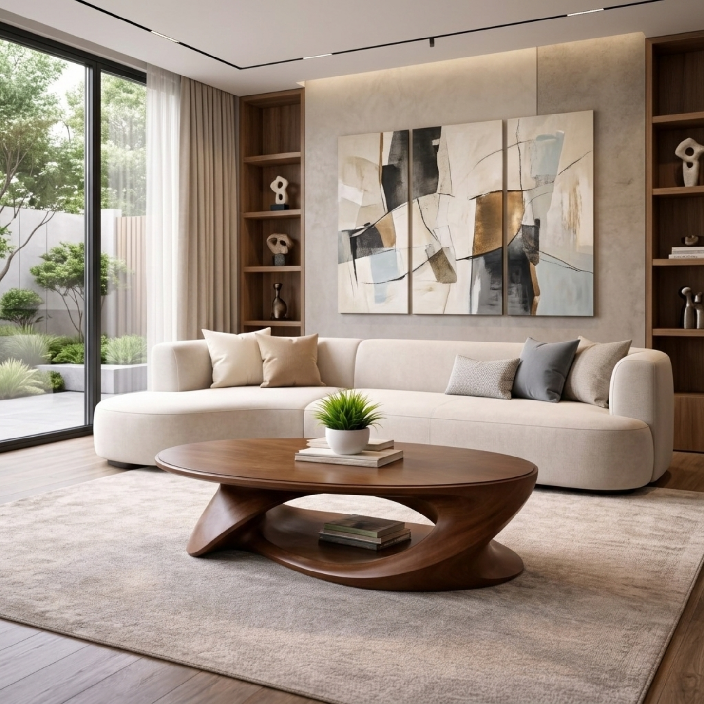 Solid Wood Oval Coffee Table with Sculptural Base – Modern Living Room Center Table Kitchnce