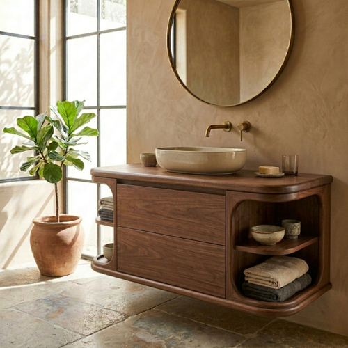 Floating Solid Wood Bathroom Vanity with Drawer Storage and Rounded Side Shelves