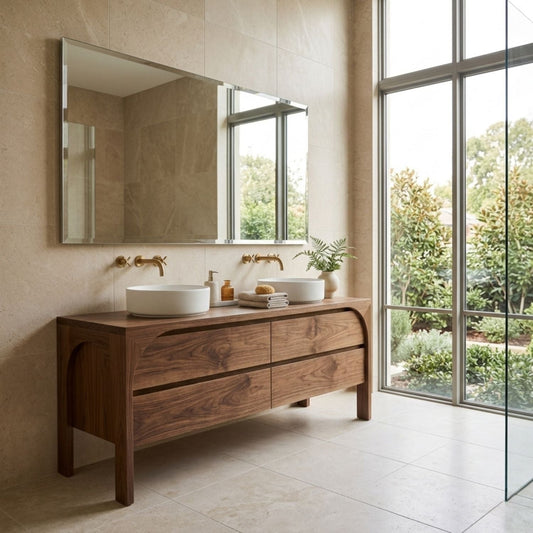 Solid Wood Modern Double Sink Bathroom Vanity with Curved Edge Frame & 4 Drawers Kitchnce