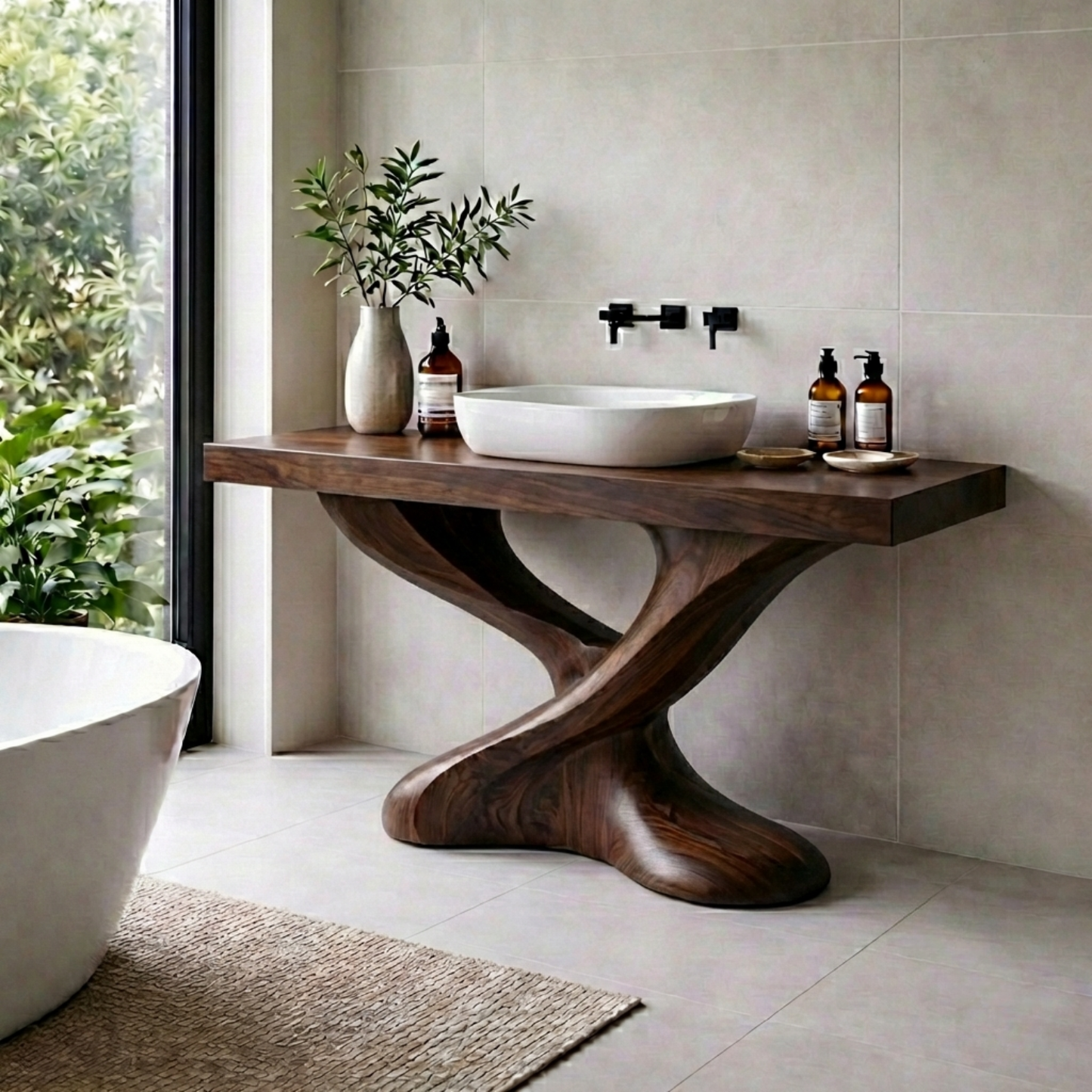 Solid Wood Bathroom Vanity with Sculptural Base – Modern Organic Wood Sink Vanity