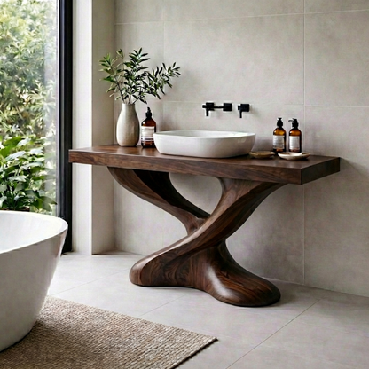 Solid Wood Bathroom Vanity with Sculptural Base – Modern Organic Wood Sink Vanity