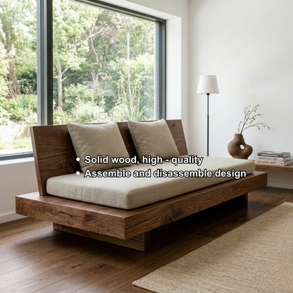Minimalist Solid Wood Daybed with Platform Base and Angled Backrest – Modern Lounge Sofa