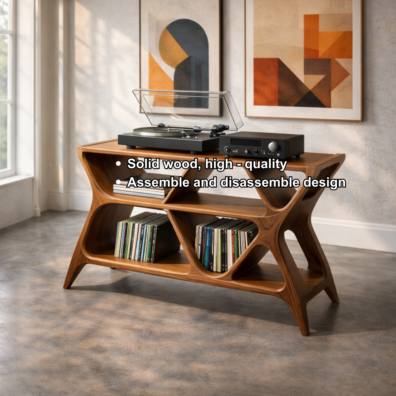 Geometric Solid Wood Record Player Stand with Multi-Shelf Vinyl Storage Kitchnce
