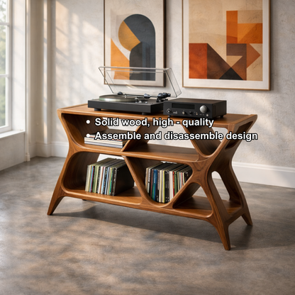 Geometric Solid Wood Record Player Stand with Multi-Shelf Vinyl Storage Kitchnce