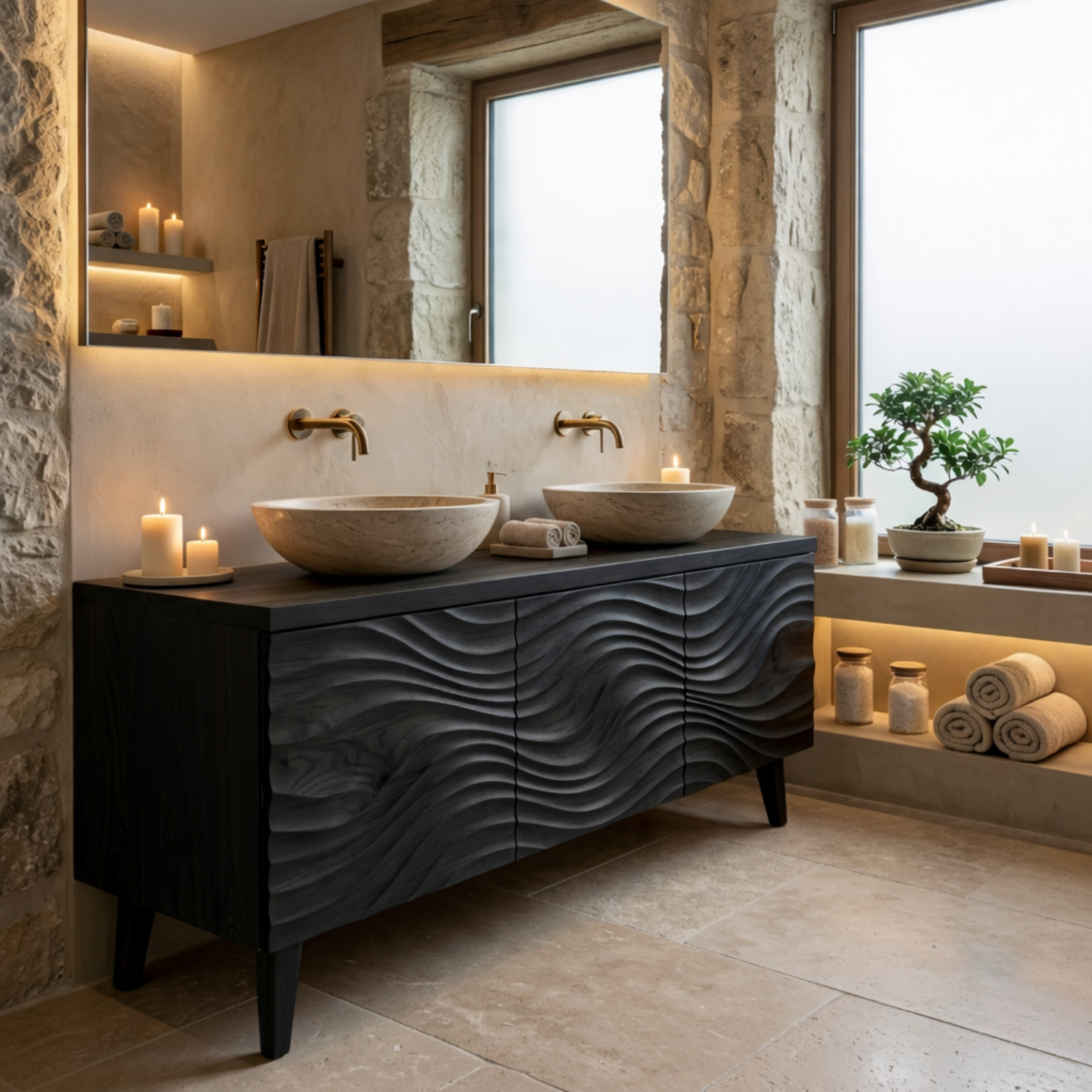 Solid Wood Bathroom Vanity with 3D Wave Carving & Legs – Rustic Spa Style