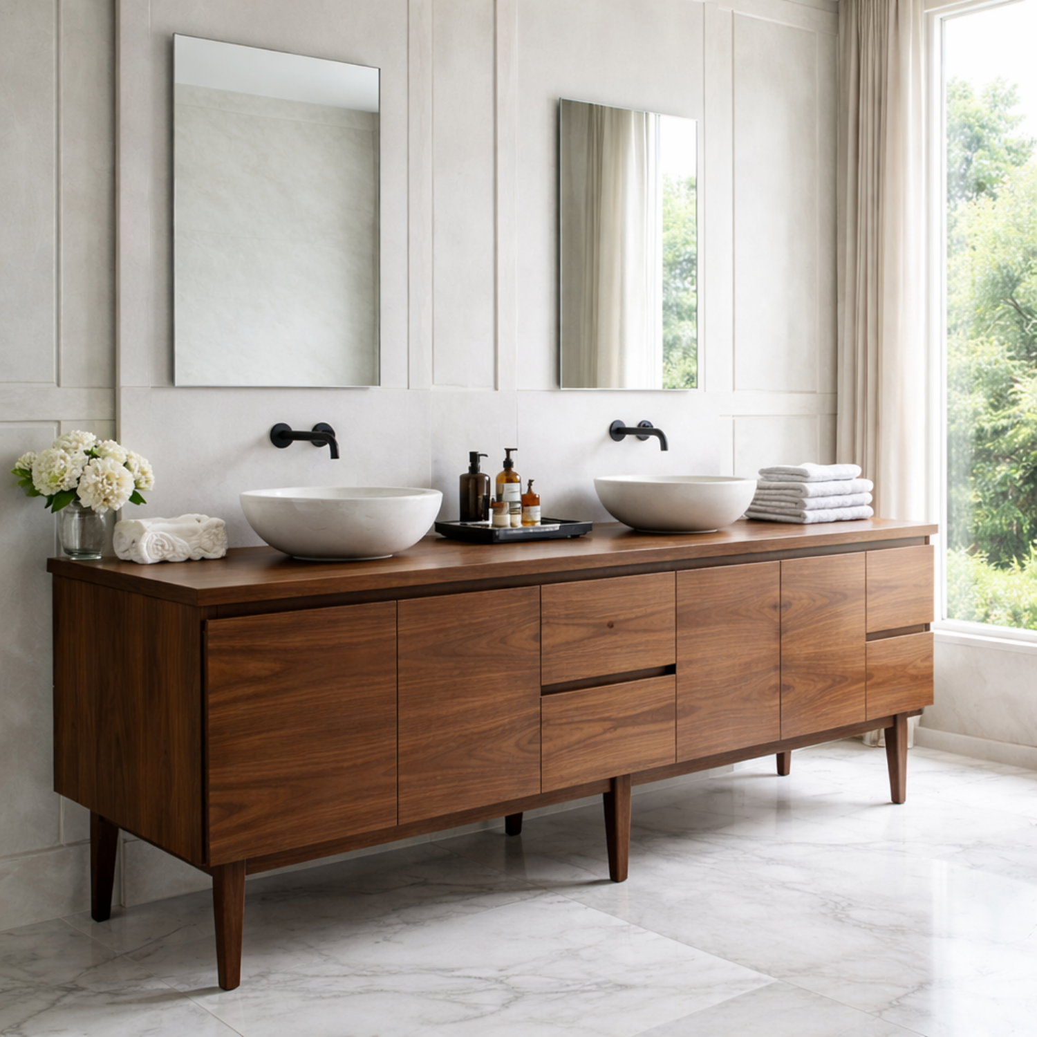 Handcrafted Mid-Century Modern Solid Wood Double Bathroom Vanity - Design Storage Cabinet