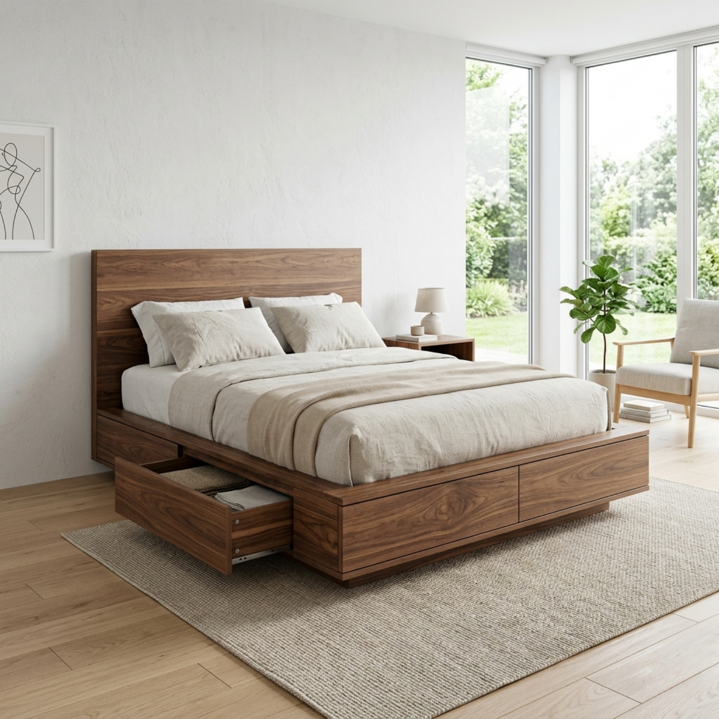 Solid Wood Platform Bed Frame with Integrated Storage Drawers