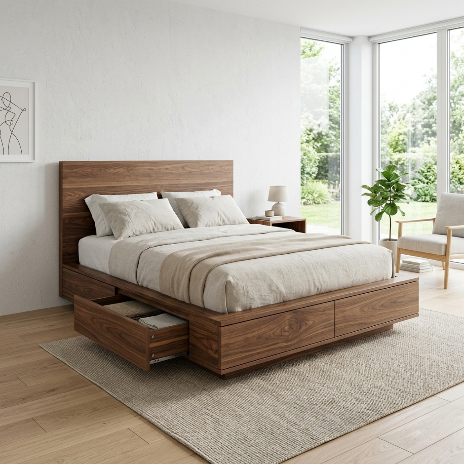 Solid Wood Platform Bed Frame with Integrated Storage Drawers