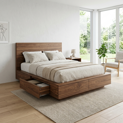 Solid Wood Platform Bed Frame with Integrated Storage Drawers