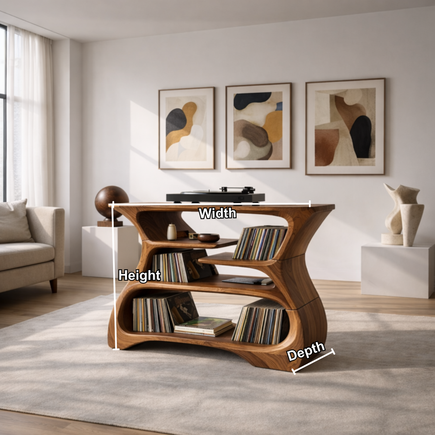 Sculptural Solid Wood Record Player Stand with Vinyl Record Storage Kitchnce