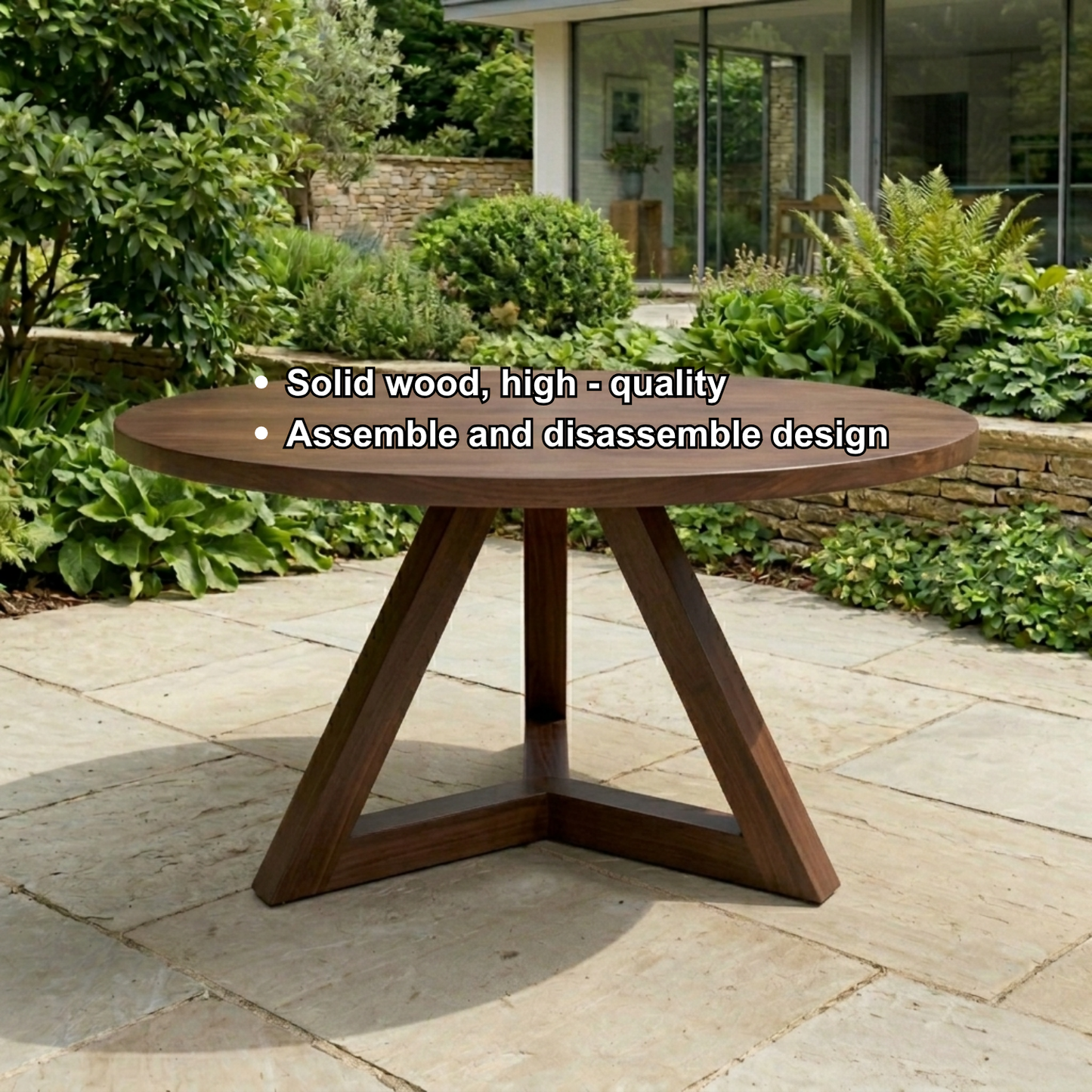 Round Solid Wood Outdoor Dining Table with Angular Cross Pedestal Base