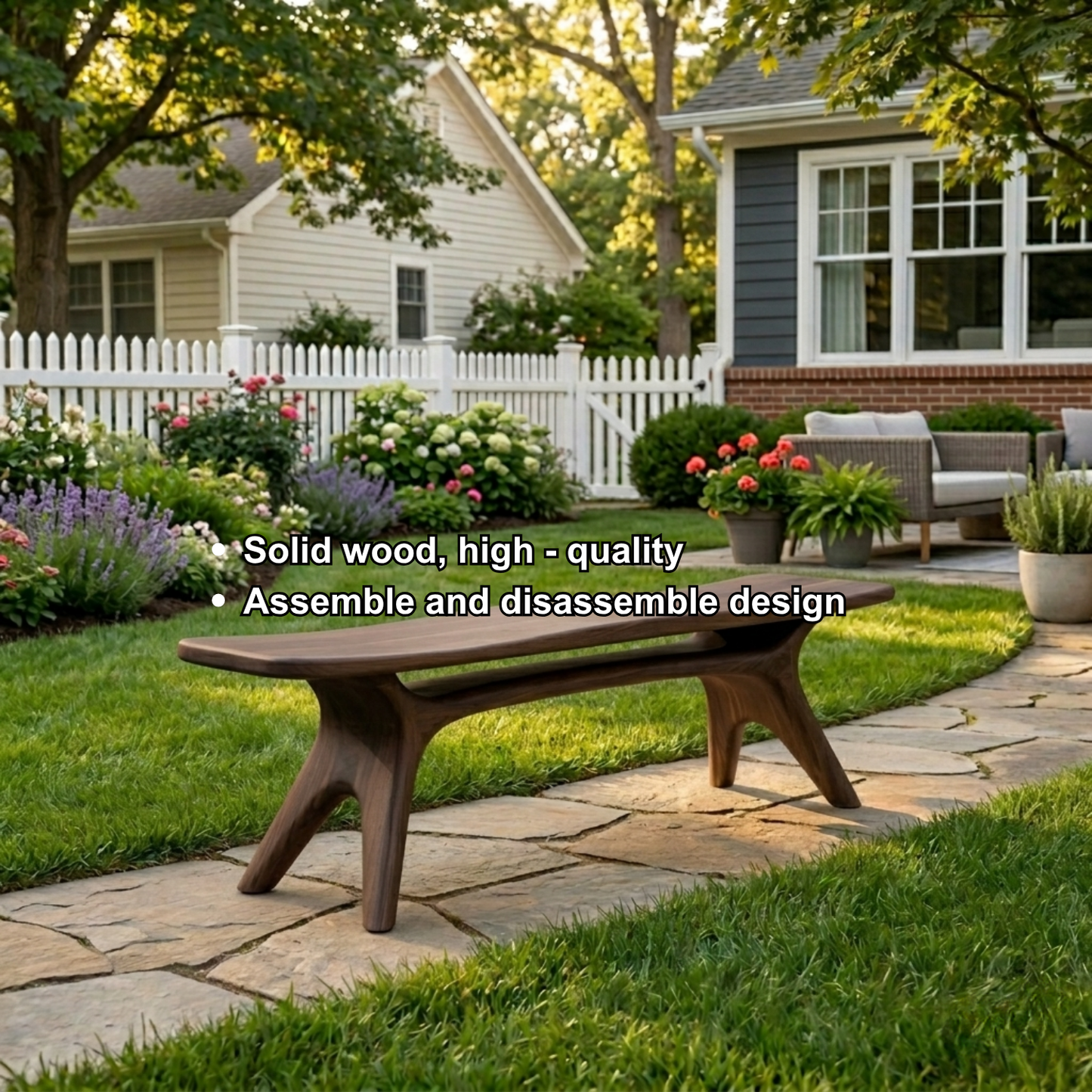 Solid Wood Outdoor Bench with Sculptural Tapered Legs and Floating Seat Design
