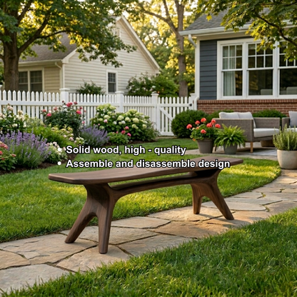 Solid Wood Outdoor Bench with Sculptural Tapered Legs and Floating Seat Design