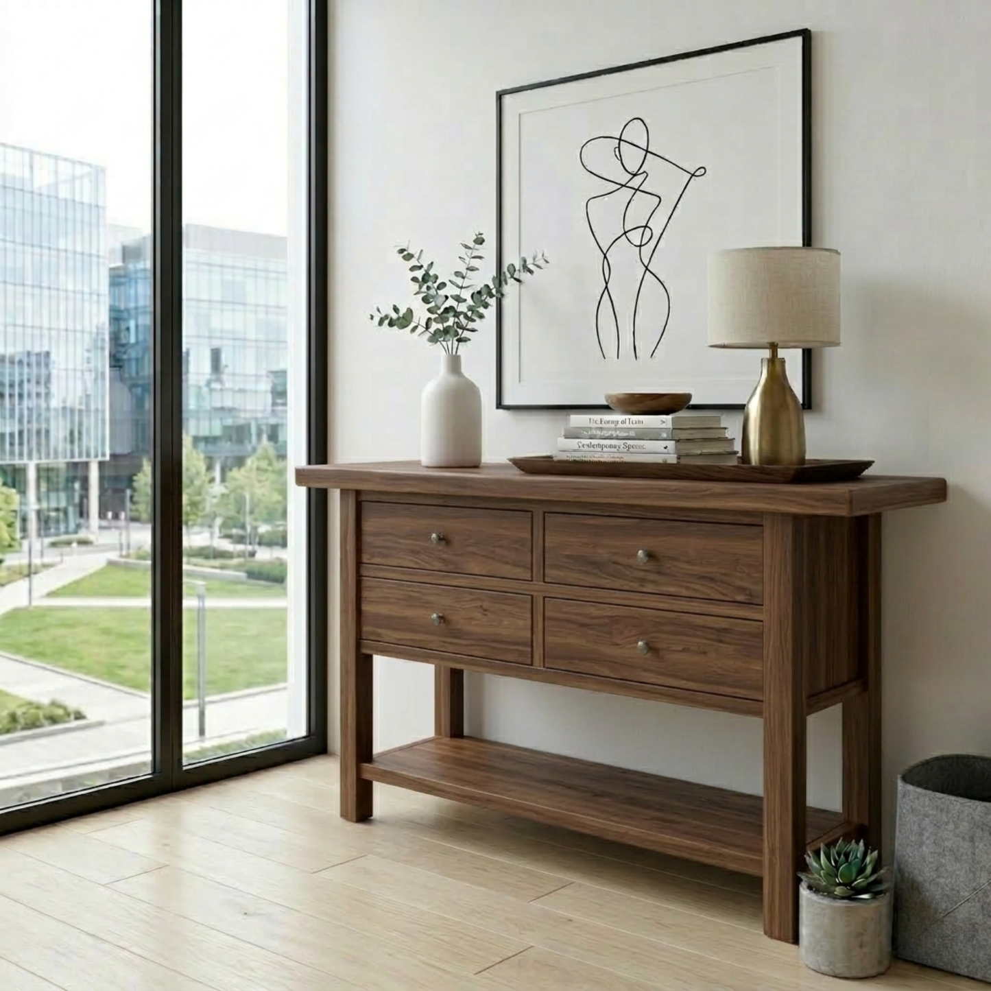 Solid Wood Console Table with 4 Drawers and Shelf – Rustic Entryway Storage Table