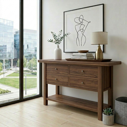 Solid Wood Console Table with 4 Drawers and Shelf – Rustic Entryway Storage Table