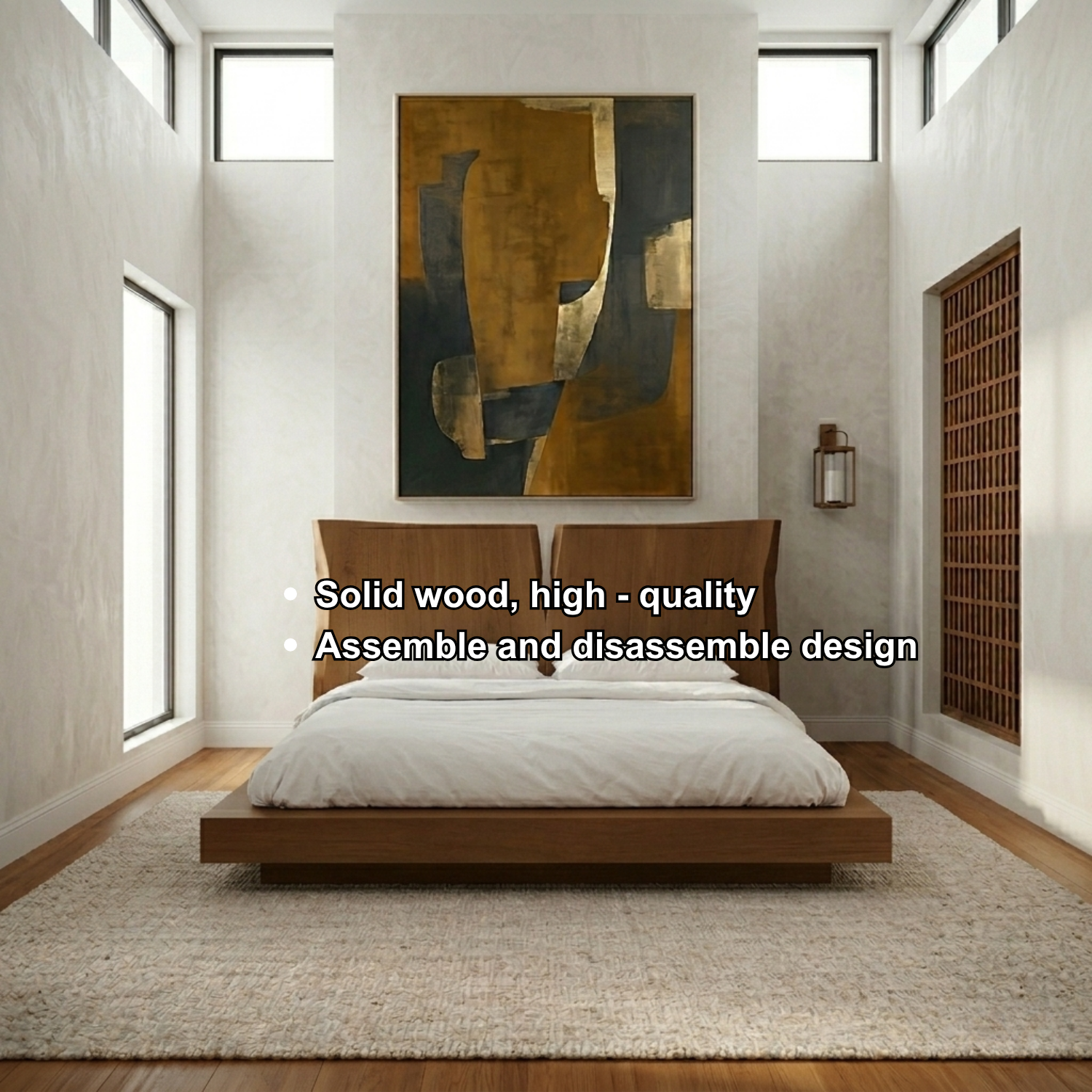 Solid Wood Platform Bed Frame with Sculpted Split Headboard