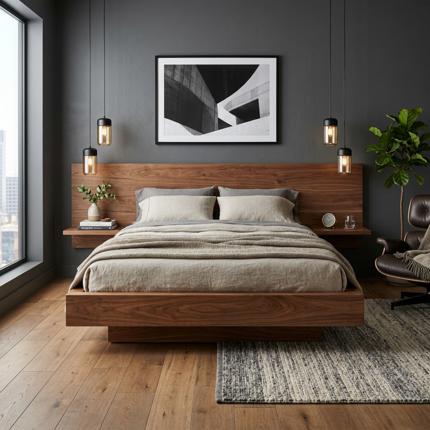 Solid Wood Platform Bed Frame with Extended Headboard Shelf