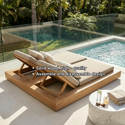 Solid Wood Double Chaise Lounge with Adjustable Backrest for Poolside Relaxation