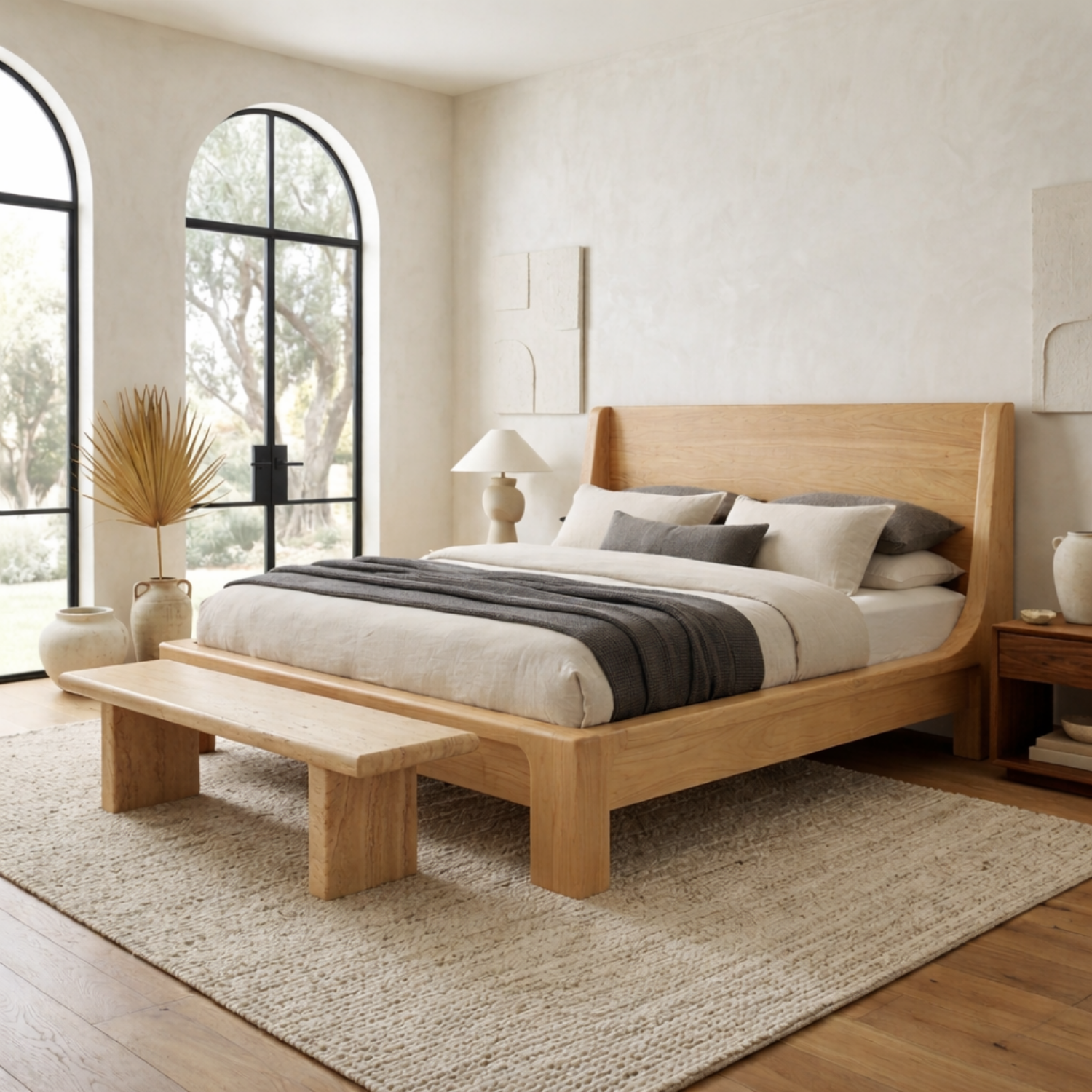 Solid Wood Platform Bed Frame with Curved Wingback Headboard