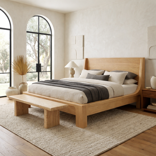Solid Wood Platform Bed Frame with Curved Wingback Headboard