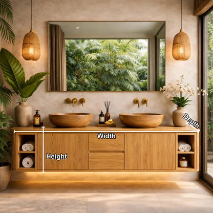 Solid Wood Floating Bathroom Vanity with Center Drawers and Open Side Shelves Storage Design Kitchnce