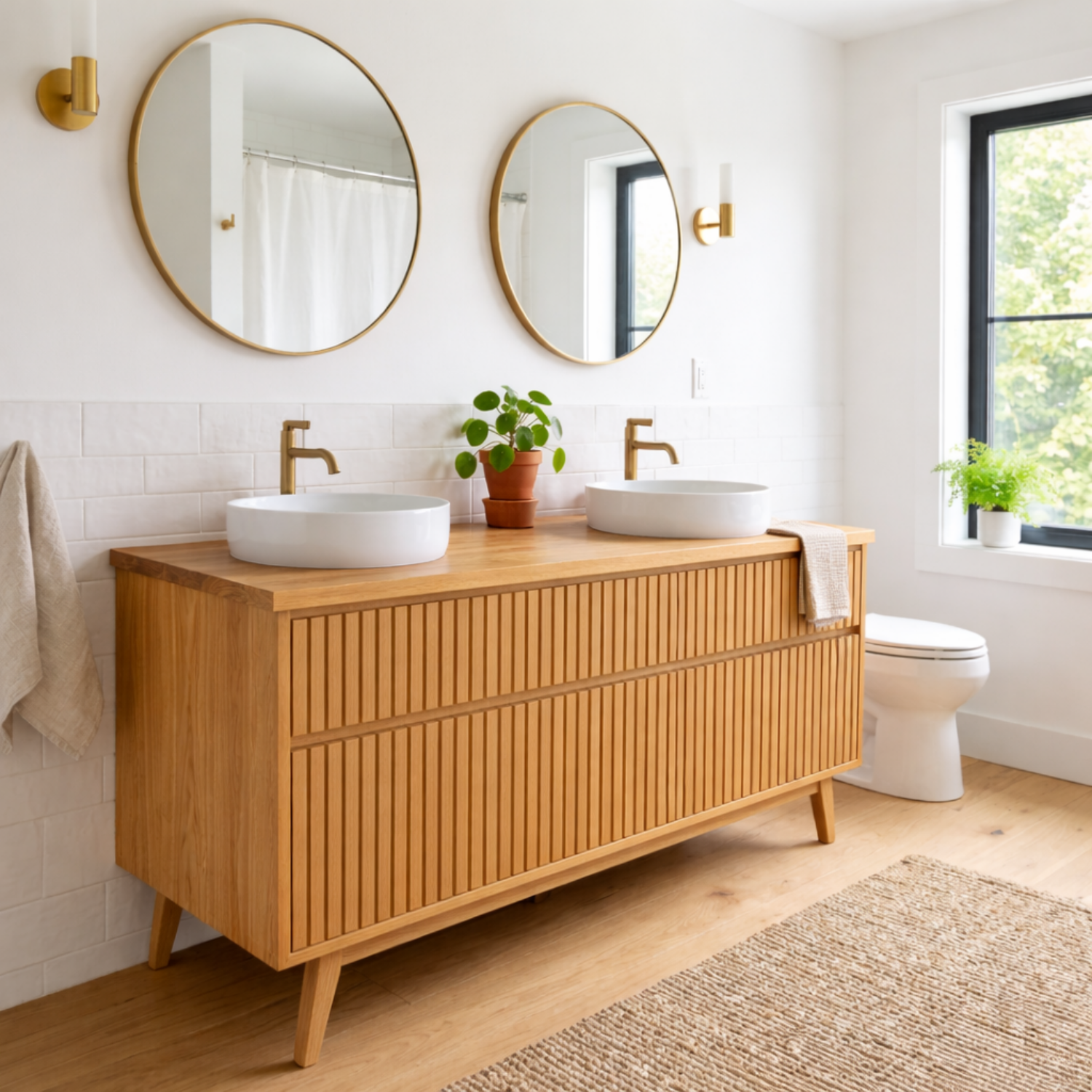 Solid Wood Double Bathroom Vanity Fluted Panel Mid-Century Freestanding Cabinet