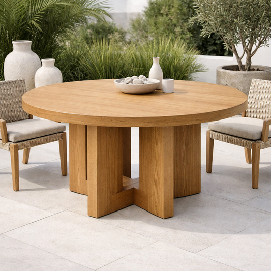 Round Solid Wood Outdoor Dining Table with Architectural Pedestal Base