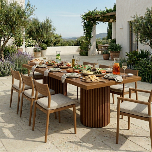 Rectangular Solid Wood Outdoor Dining Table with Fluted Pedestal Base