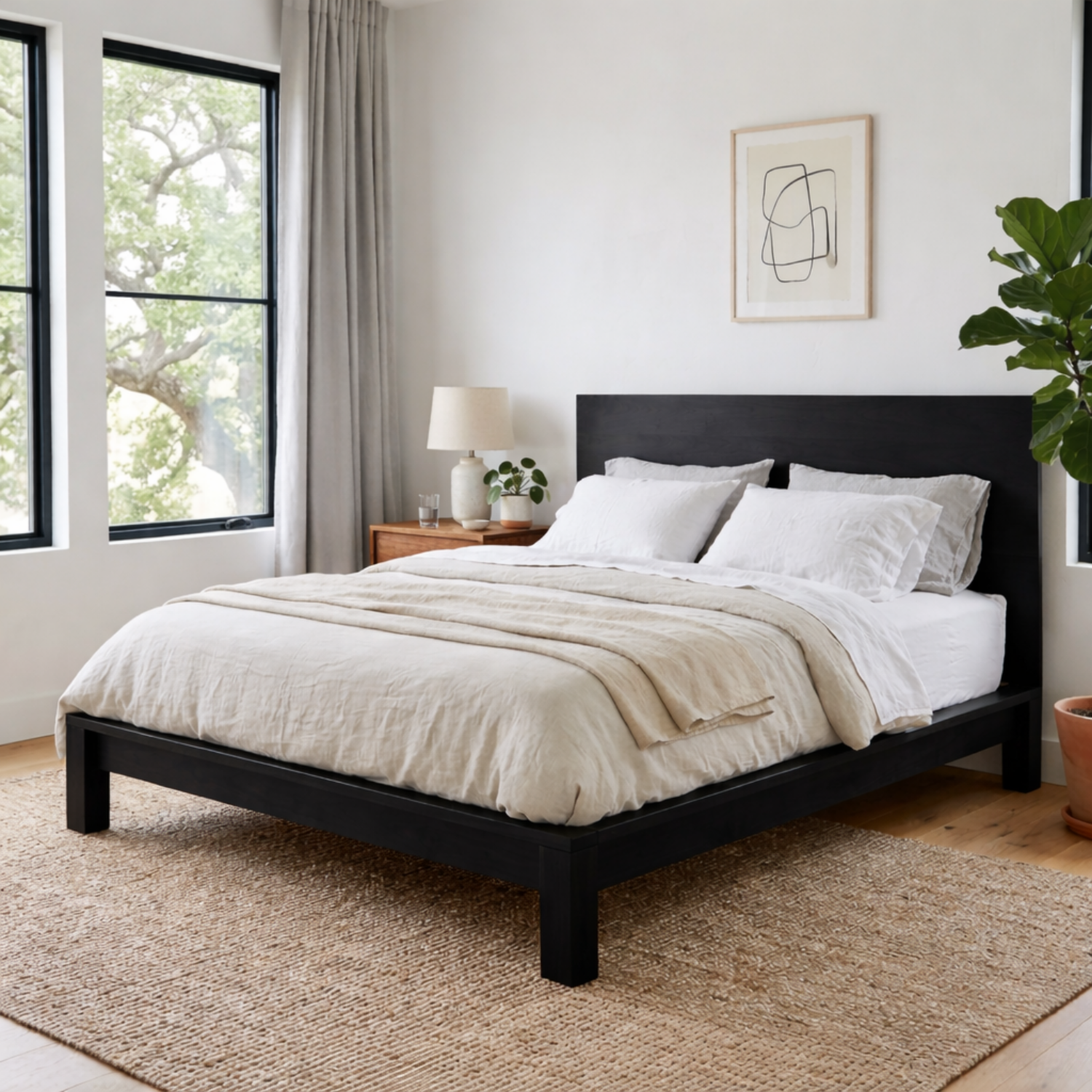Minimalist Solid Wood Platform Bed Frame with Clean Panel Headboard