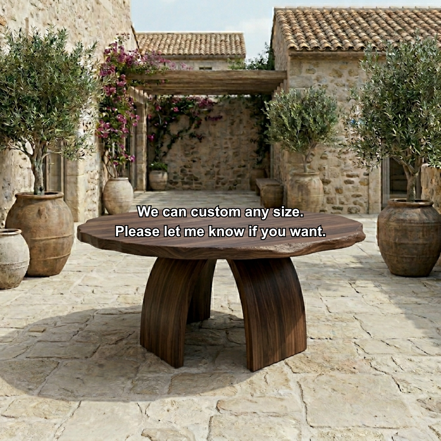 Round Live Edge Solid Wood Outdoor Dining Table with Curved Sculptural Pedestal Base