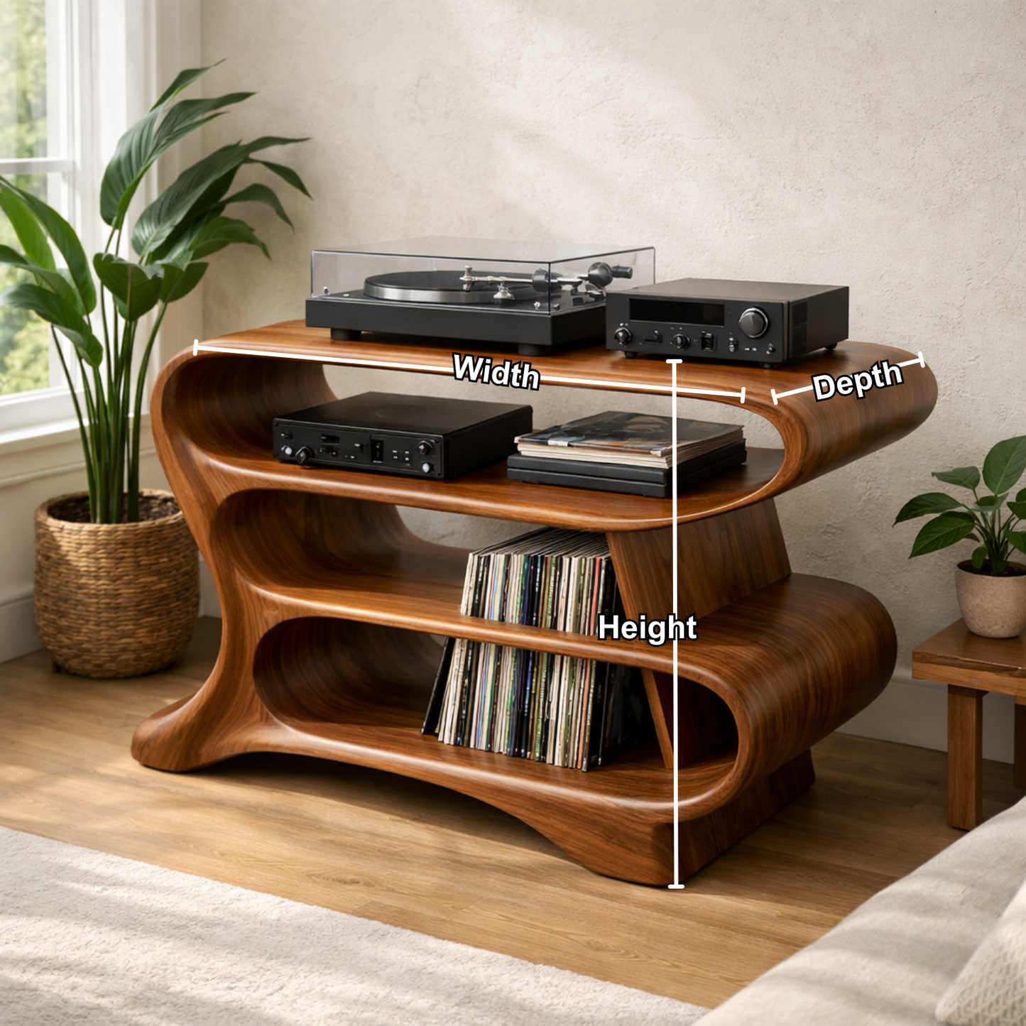 Wave-Shaped Solid Wood Record Player Stand with Open Vinyl Storage Shelves Kitchnce