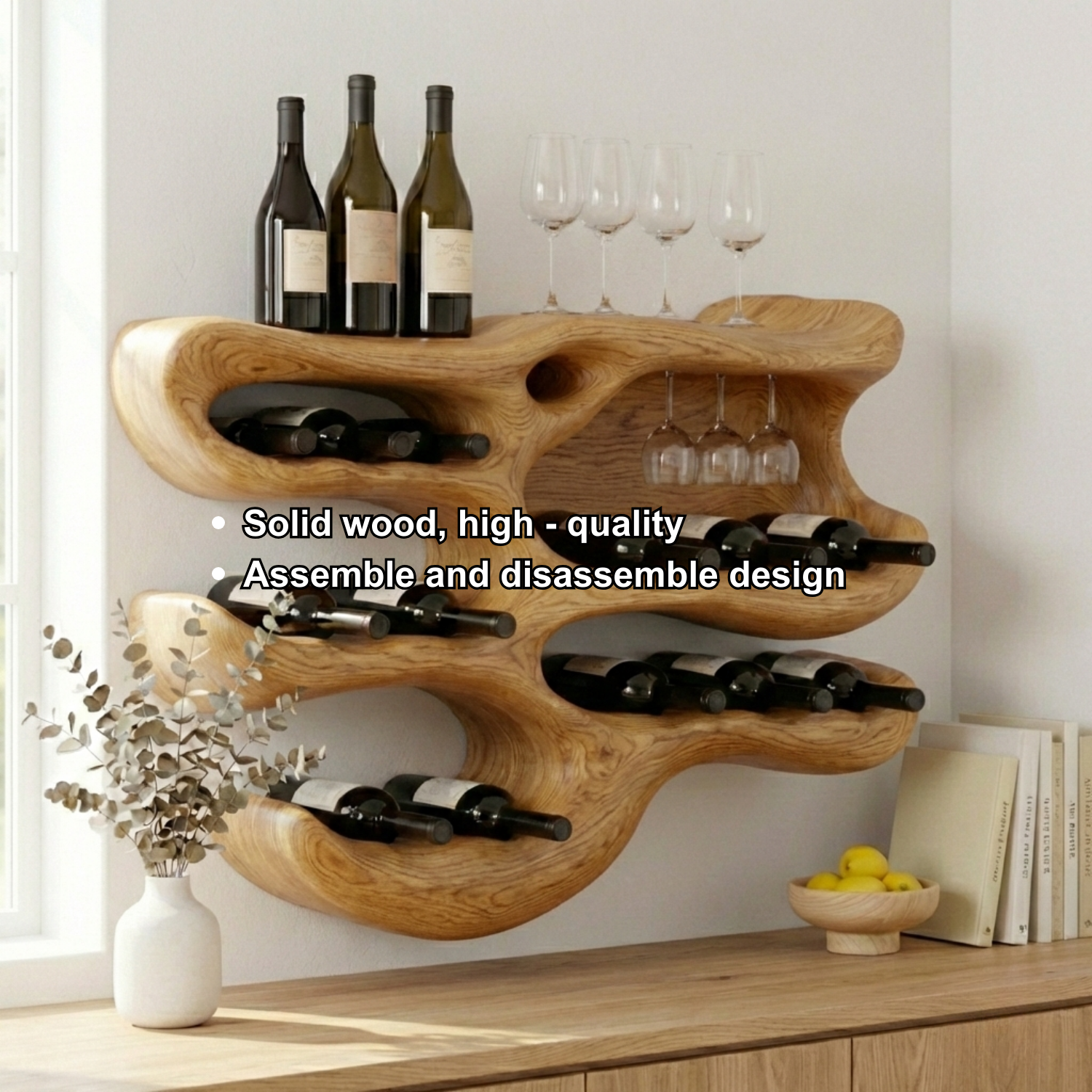 Handcrafted Solid Wood Wall Wine Holder – Sculptural Wine Rack with Glass Storage