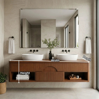 Floating Bathroom Vanity with Fluted Wood Front and Center Arch Drawer Design Kitchnce