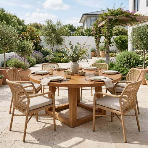 Round Solid Wood Outdoor Dining Table with Geometric Cross Pedestal Base