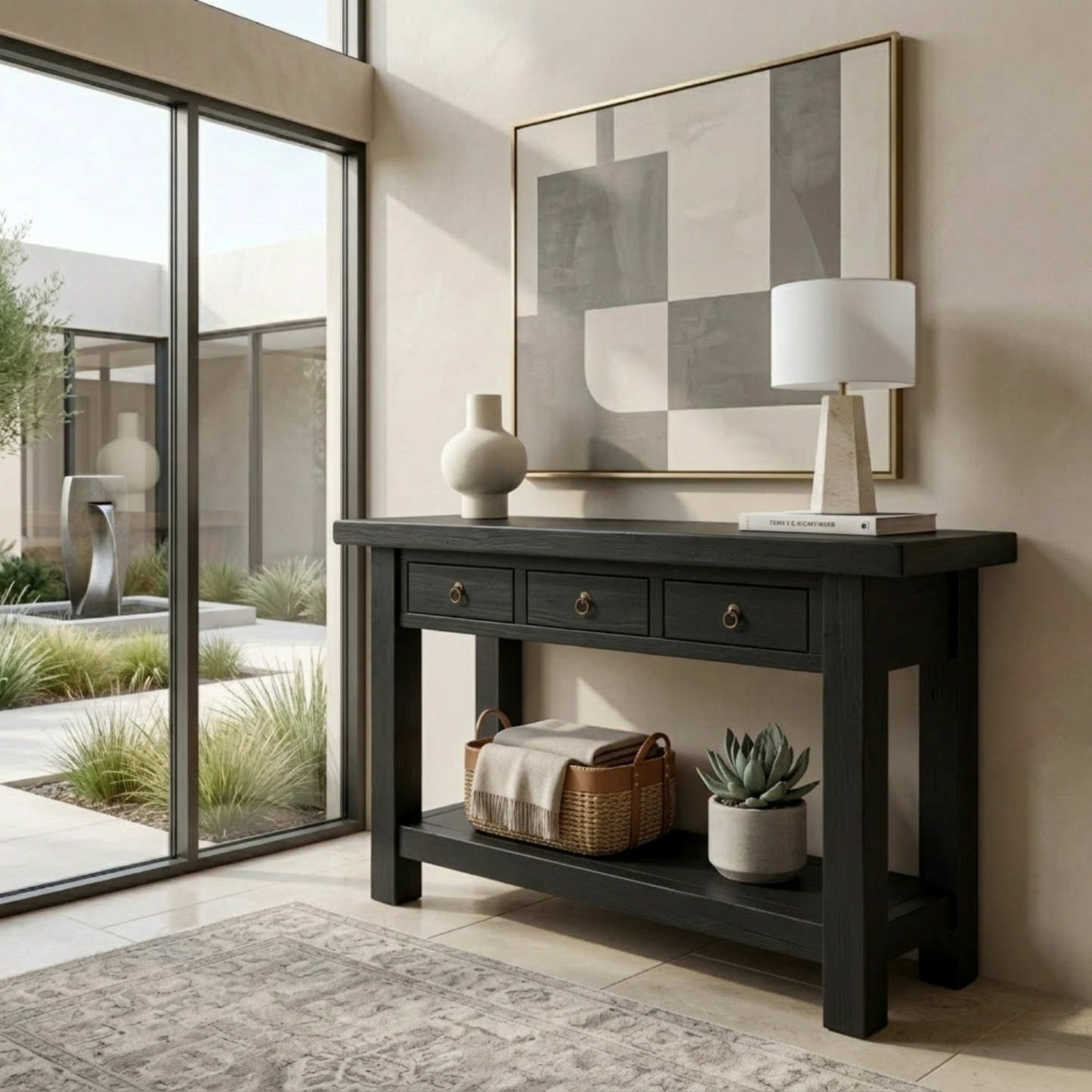 Solid Wood Console Table with Drawers and Shelf – Rustic Farmhouse Entryway Table