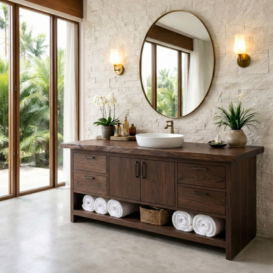 Solid Wood Bathroom Vanity with Drawers, Double Doors and Open Shelf