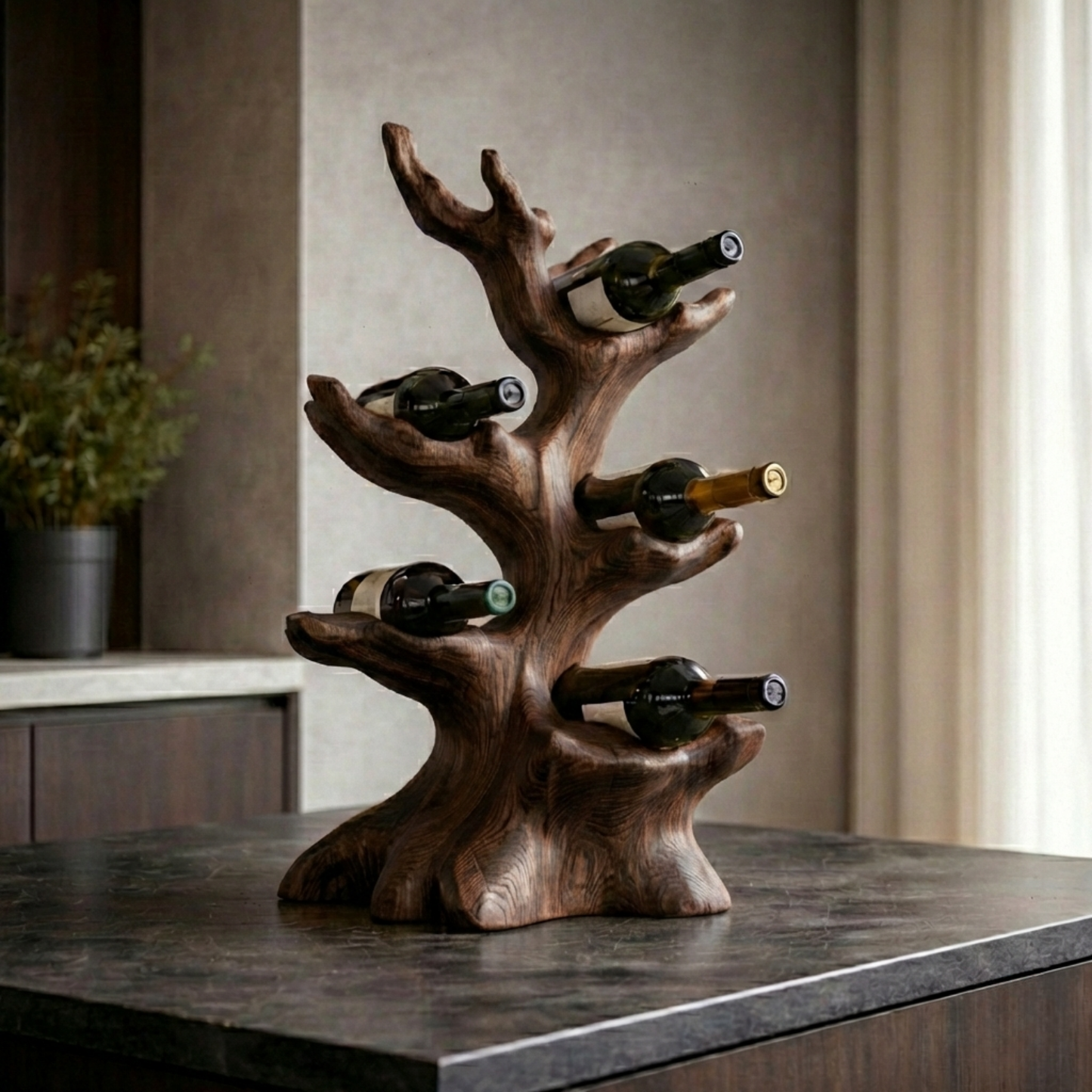 Handcrafted Solid Wood Wine Holder – Tree-Inspired Sculptural Countertop Wine Rack